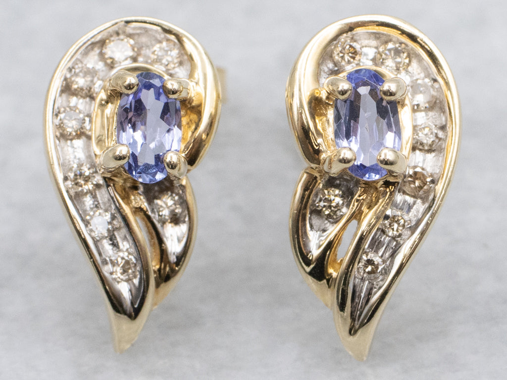 Gold Tanzanite and Diamond Stud Earrings