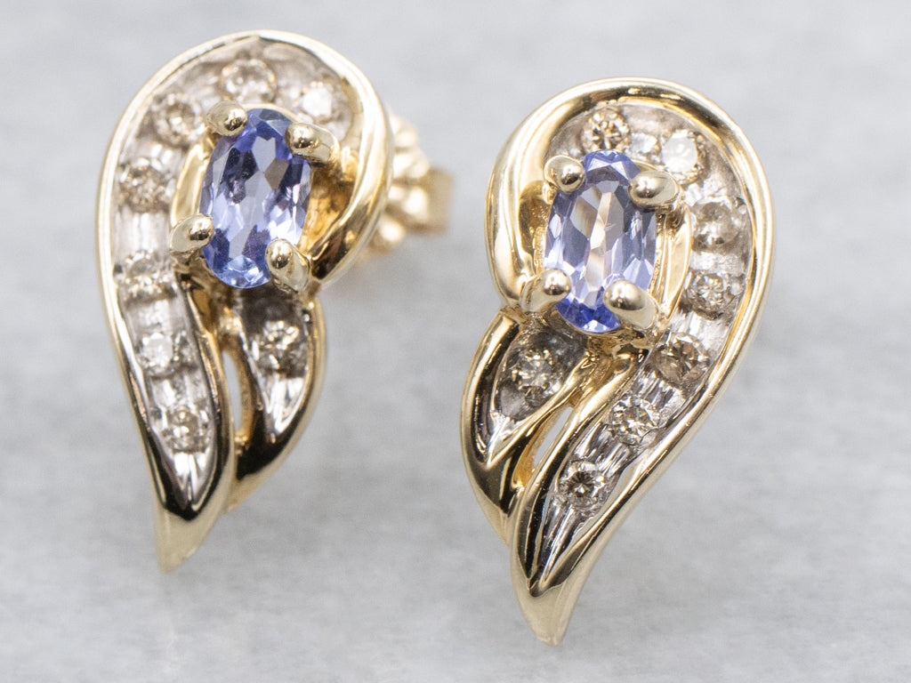 Gold Tanzanite and Diamond Stud Earrings