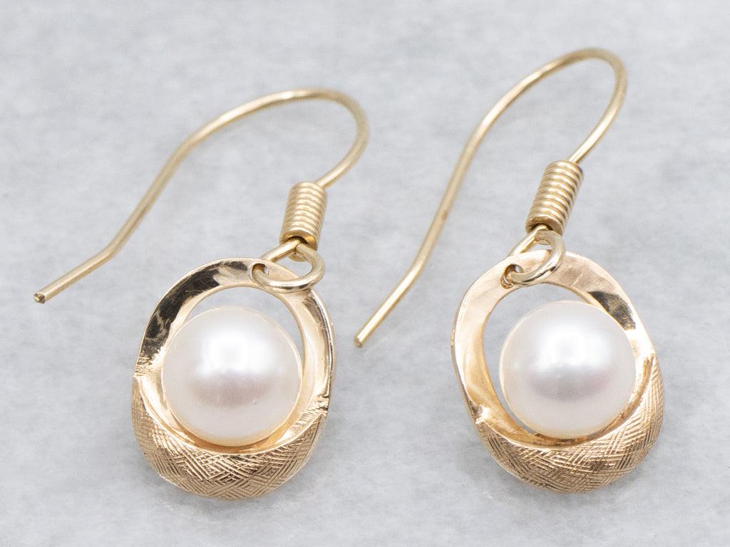 Vintage Textured Gold and Pearl Drop Earrings