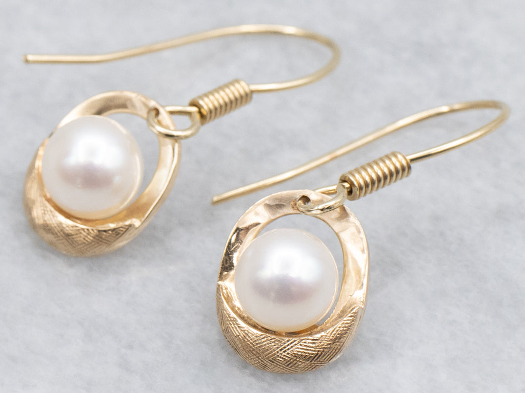 Vintage Textured Gold and Pearl Drop Earrings