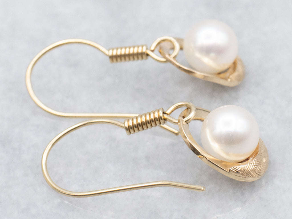 Vintage Textured Gold and Pearl Drop Earrings