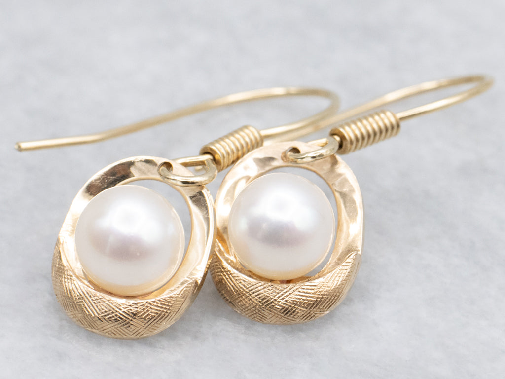 Vintage Textured Gold and Pearl Drop Earrings