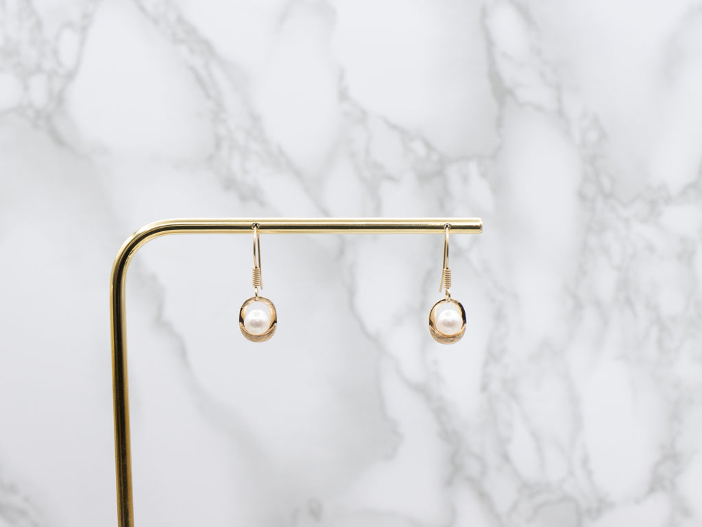 Vintage Textured Gold and Pearl Drop Earrings