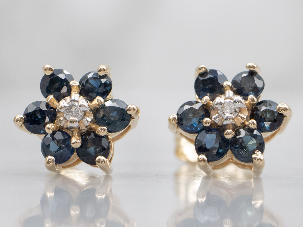 Vintage Gold Sapphire and Diamond Floral Stud Earrings