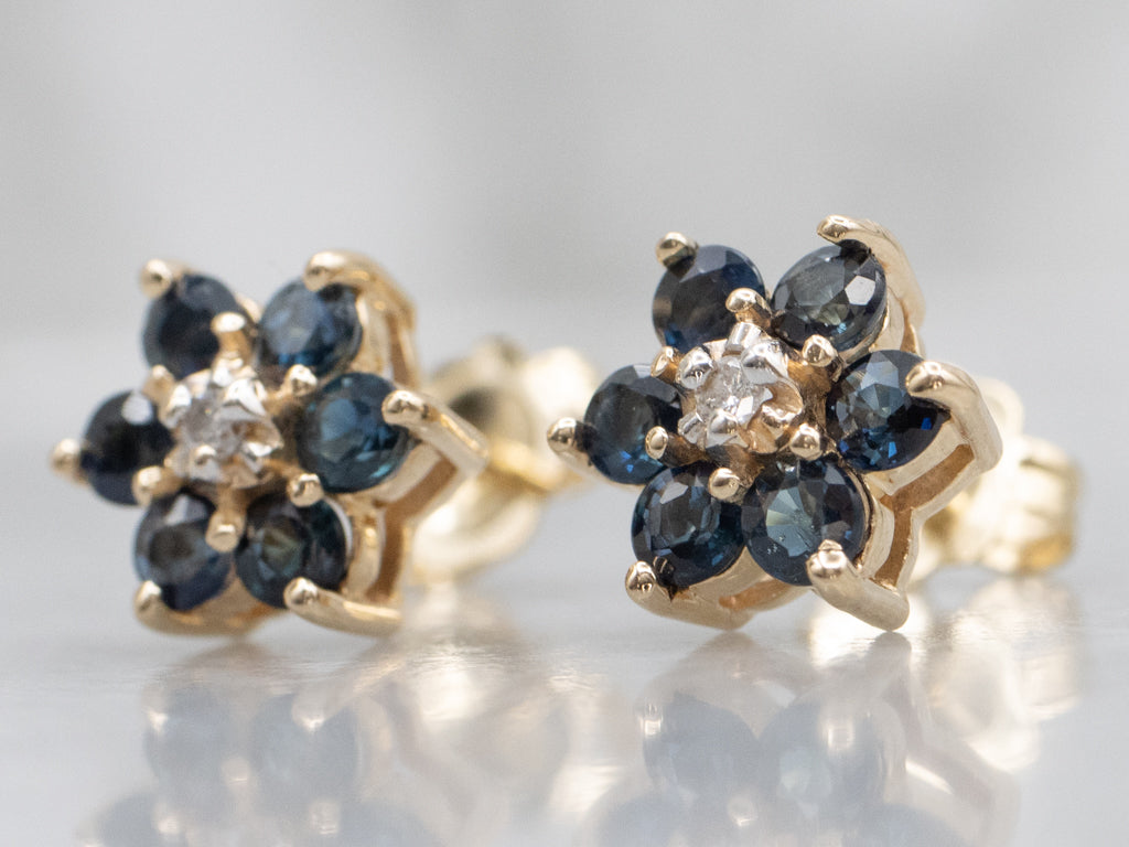 Vintage Gold Sapphire and Diamond Floral Stud Earrings