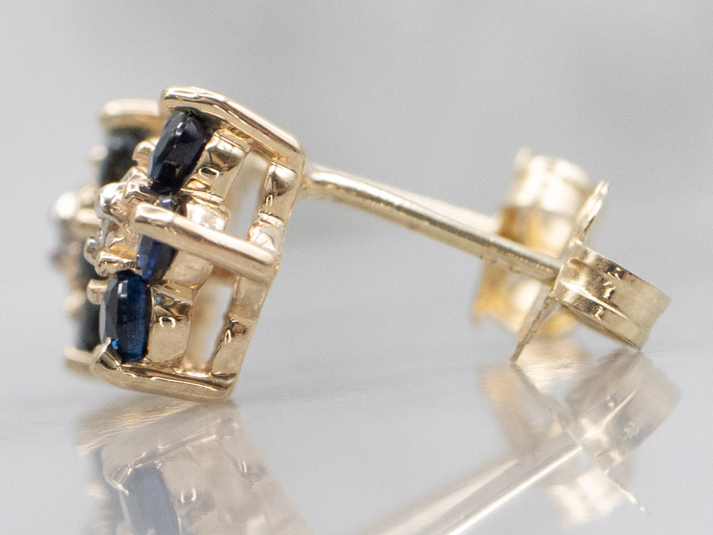 Vintage Gold Sapphire and Diamond Floral Stud Earrings