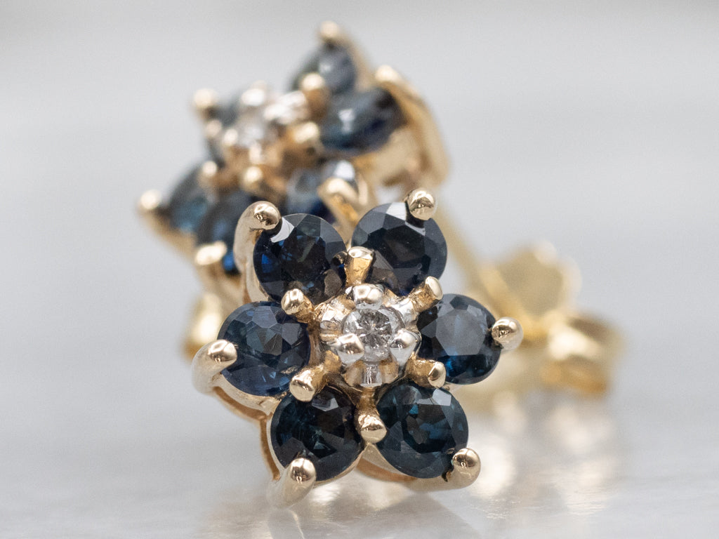 Vintage Gold Sapphire and Diamond Floral Stud Earrings