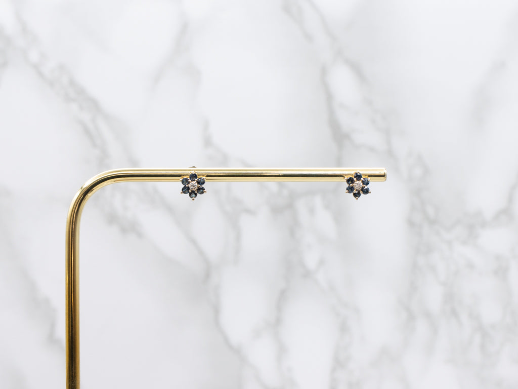 Vintage Gold Sapphire and Diamond Floral Stud Earrings