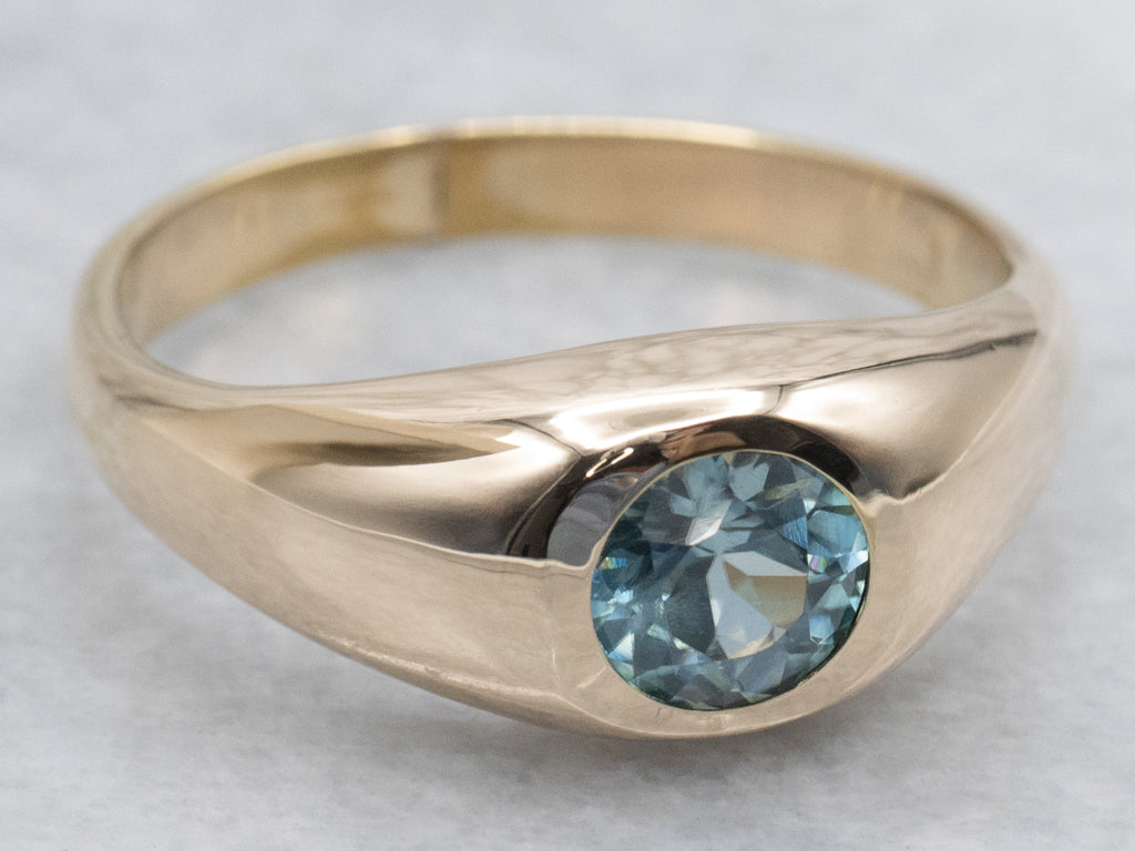 Men's Flush Set Blue Zircon Gold Solitaire Ring