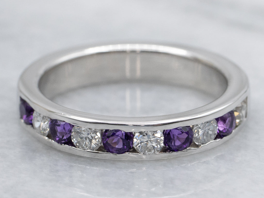 Alternating Amethyst and Diamond Channel Set Band
