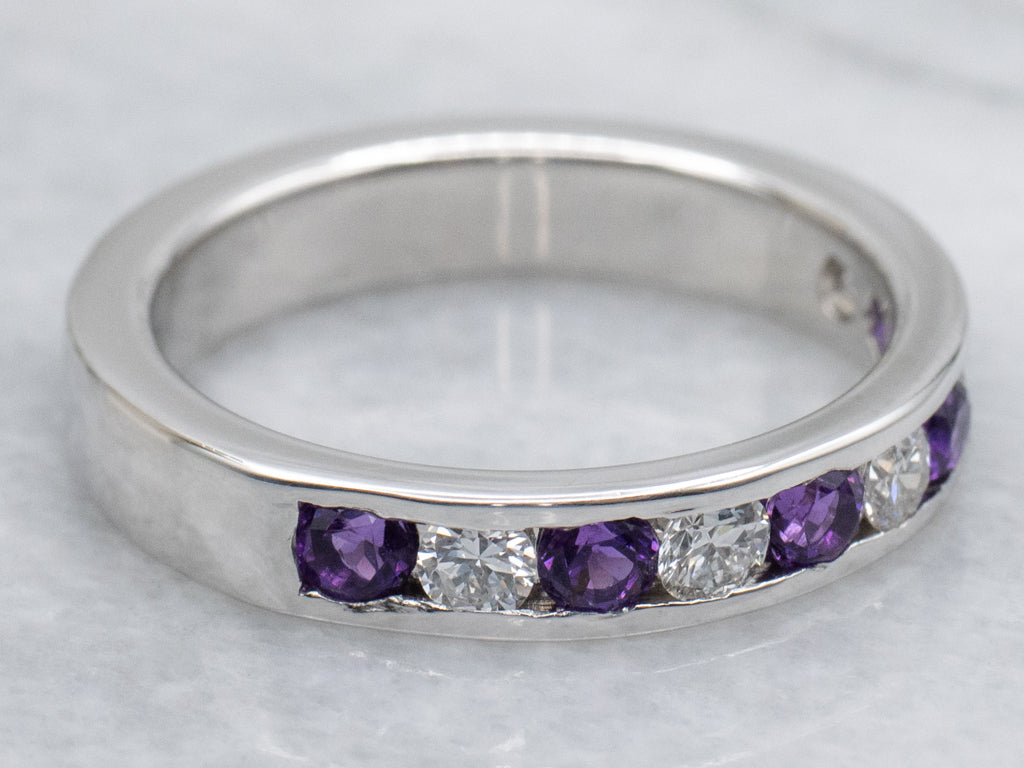 Alternating Amethyst and Diamond Channel Set Band