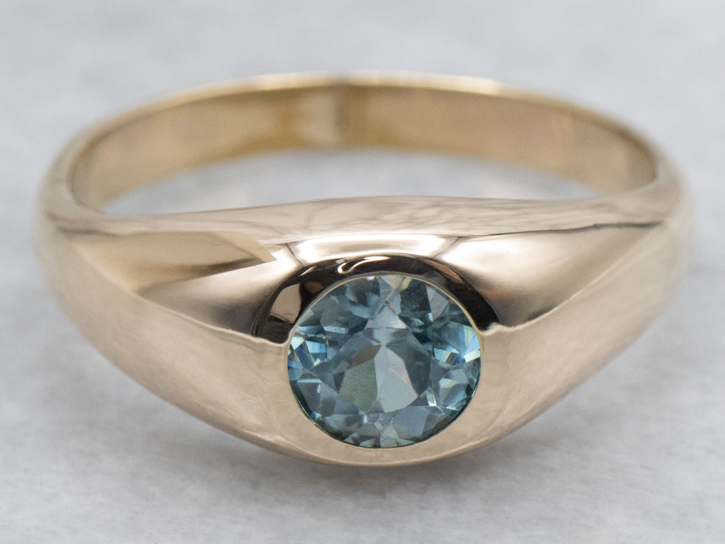 Men's Flush Set Blue Zircon Gold Solitaire Ring