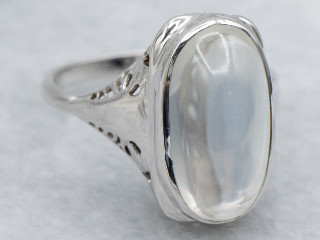 1920s Moonstone White Gold Filigree Cocktail Ring
