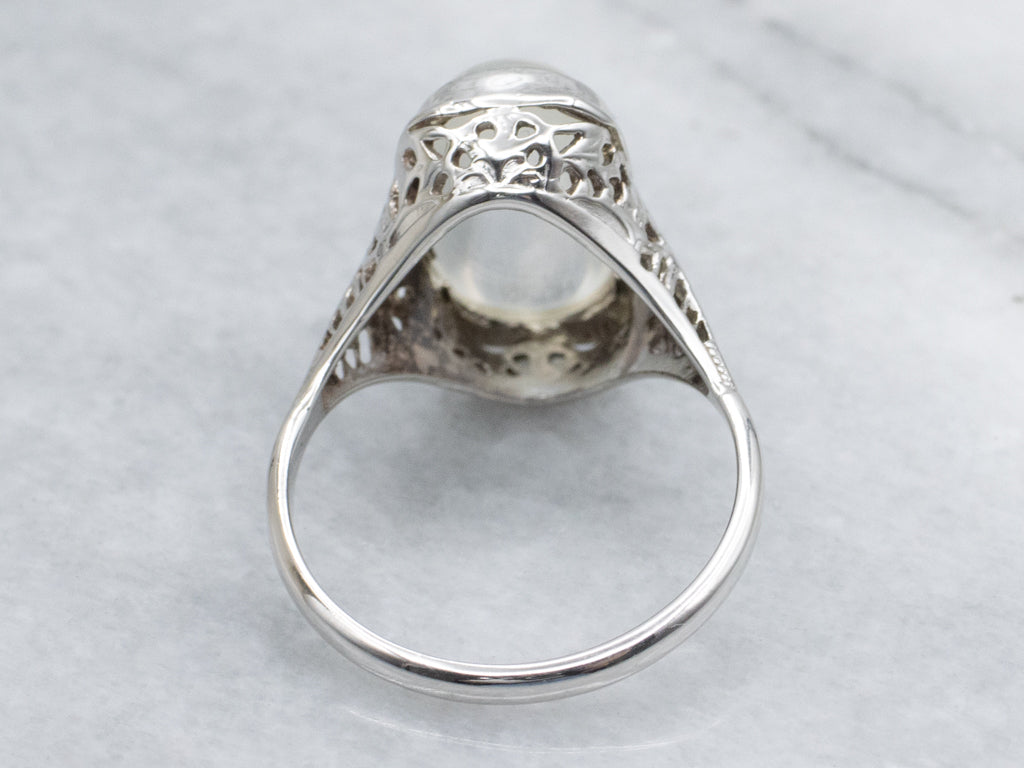 1920s Moonstone White Gold Filigree Cocktail Ring