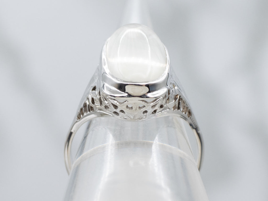 1920s Moonstone White Gold Filigree Cocktail Ring
