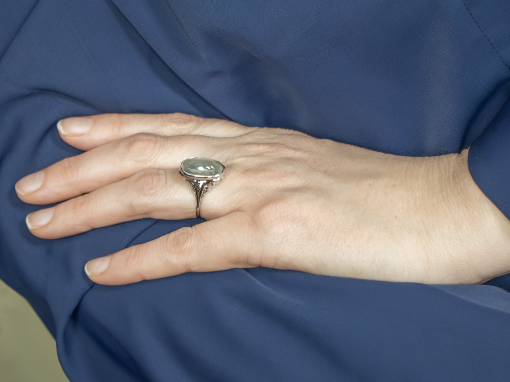 1920s Moonstone White Gold Filigree Cocktail Ring
