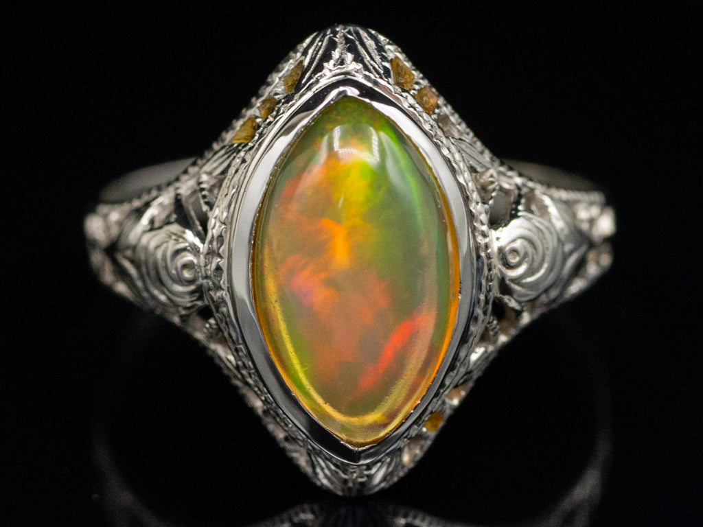 Antique Ostby and Barton Marquise-Cut Opal White Gold Filigree Ring