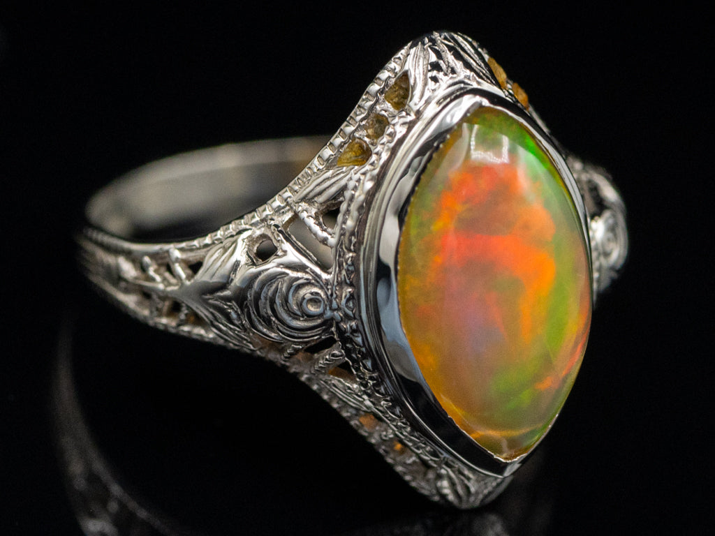 Antique Ostby and Barton Marquise-Cut Opal White Gold Filigree Ring