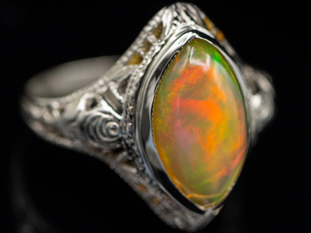 Antique Ostby and Barton Marquise-Cut Opal White Gold Filigree Ring