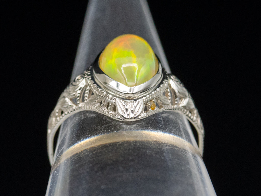Antique Ostby and Barton Marquise-Cut Opal White Gold Filigree Ring