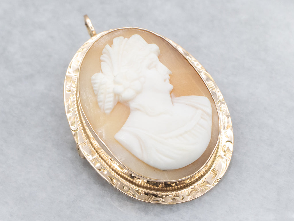 Vintage Shell Cameo Yellow Gold Pin or Pendant with Engraved Border