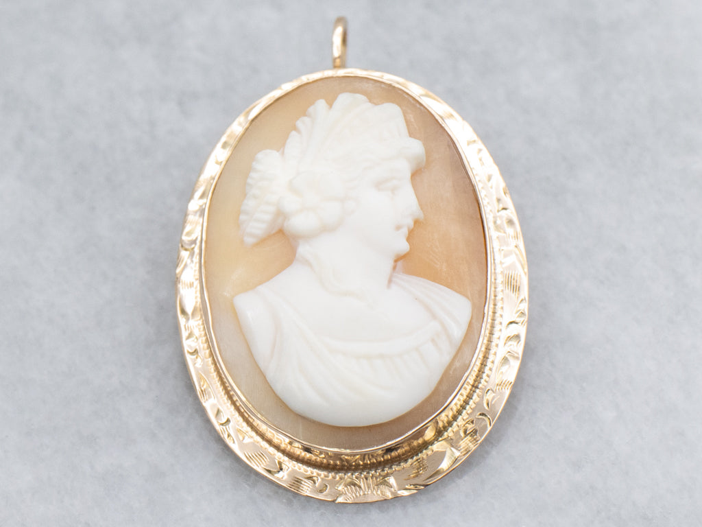 Vintage Shell Cameo Yellow Gold Pin or Pendant with Engraved Border