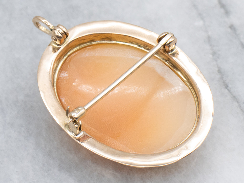 Vintage Shell Cameo Yellow Gold Pin or Pendant with Engraved Border