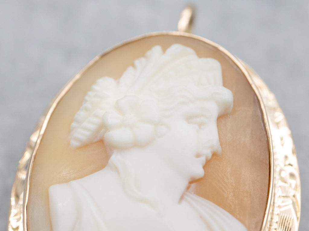 Vintage Shell Cameo Yellow Gold Pin or Pendant with Engraved Border