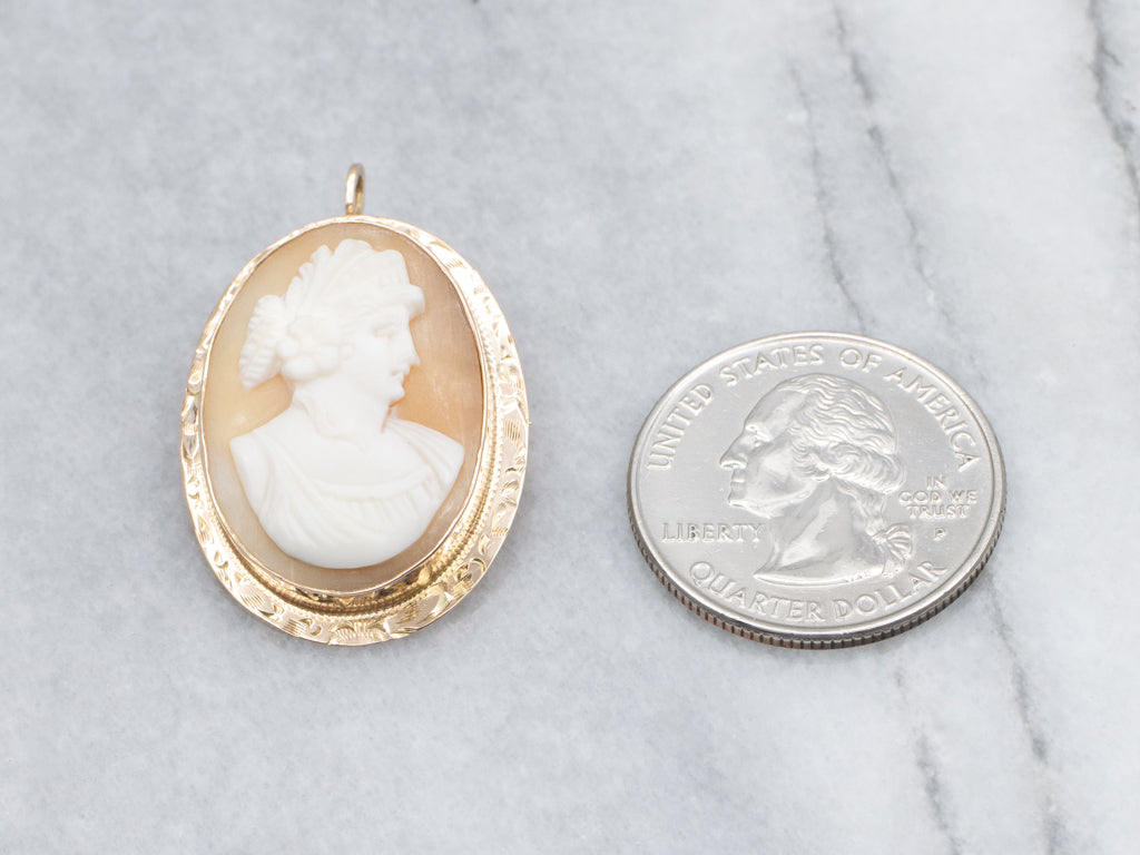 Vintage Shell Cameo Yellow Gold Pin or Pendant with Engraved Border
