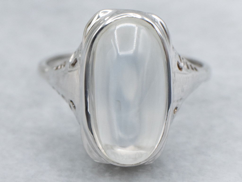 1920s Moonstone White Gold Filigree Cocktail Ring