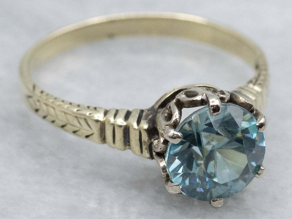 Hand-Engraved Antique Blue Zircon Solitaire Ring