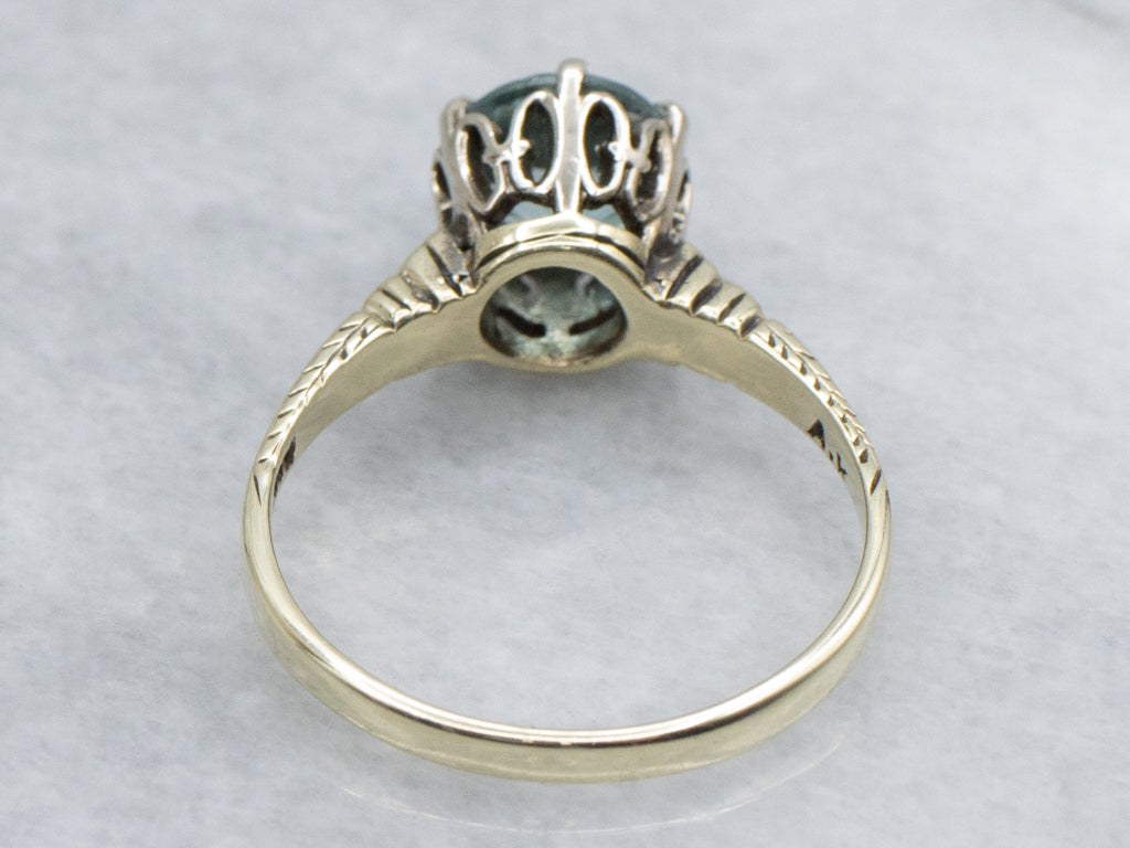 Hand-Engraved Antique Blue Zircon Solitaire Ring