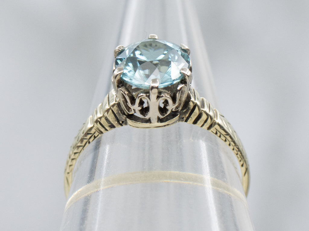 Hand-Engraved Antique Blue Zircon Solitaire Ring