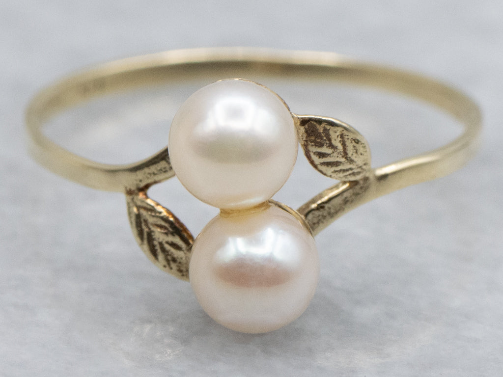 Double Saltwater Pearl Botanical Yellow Gold Ring