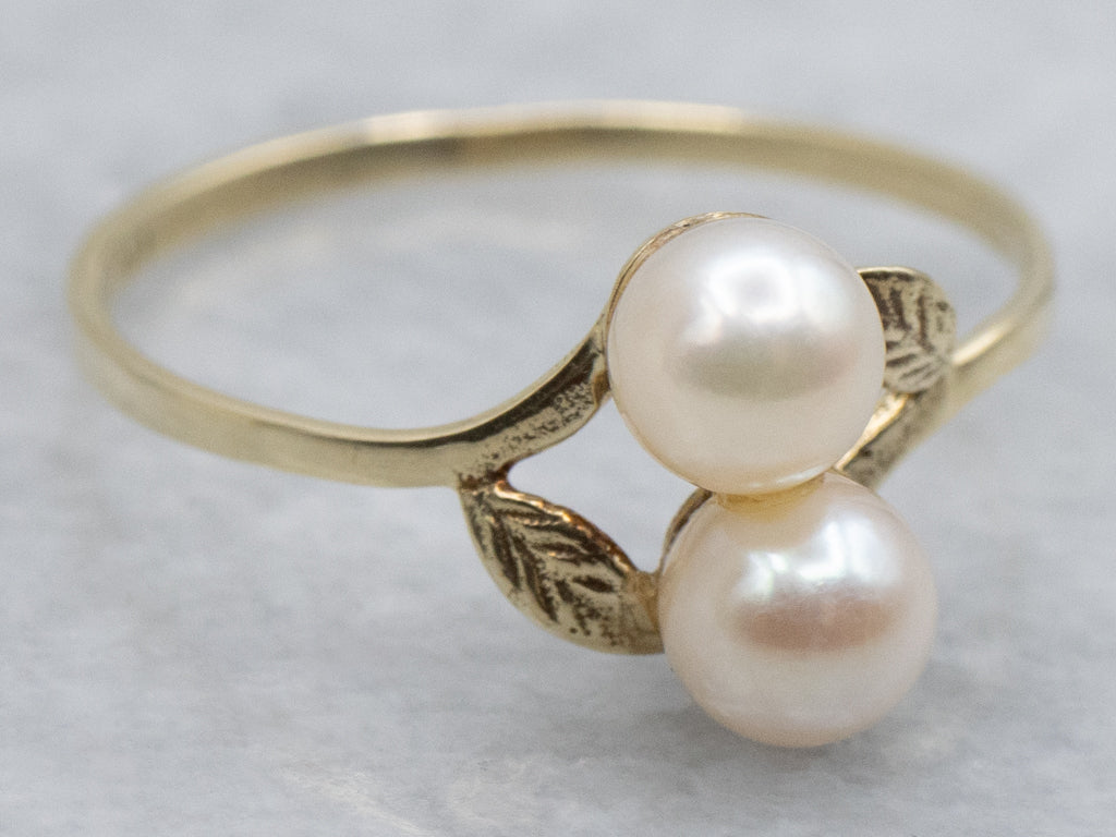 Double Saltwater Pearl Botanical Yellow Gold Ring