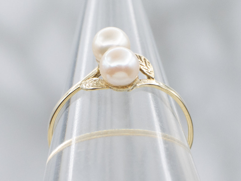 Double Saltwater Pearl Botanical Yellow Gold Ring