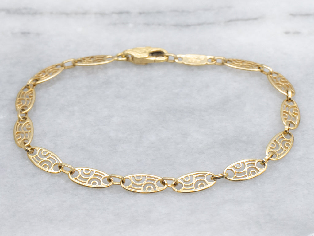 Filigree Gold Link Bracelet with Engraved Clasp
