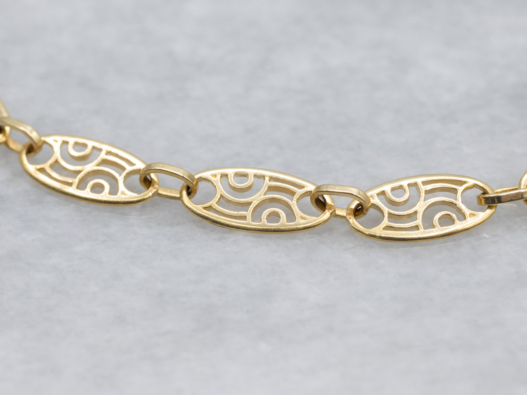 Filigree Gold Link Bracelet with Engraved Clasp
