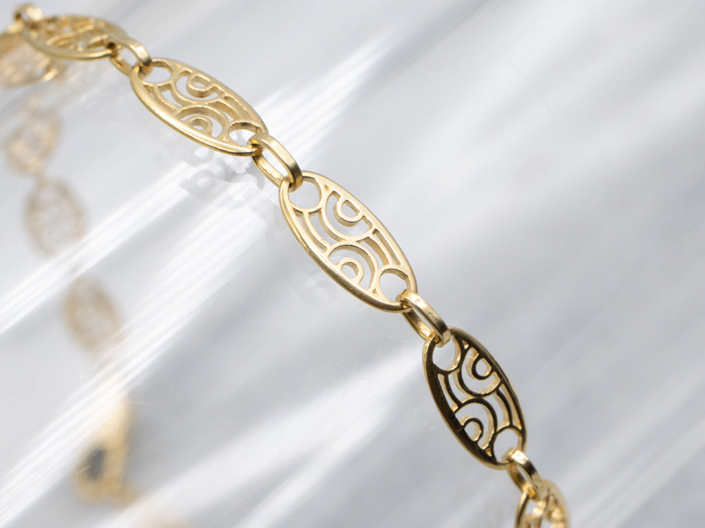 Filigree Gold Link Bracelet with Engraved Clasp