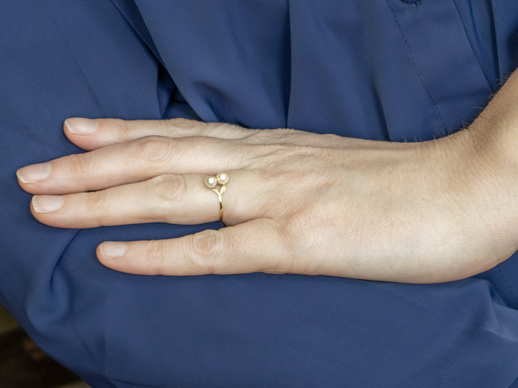 Double Saltwater Pearl Botanical Yellow Gold Ring