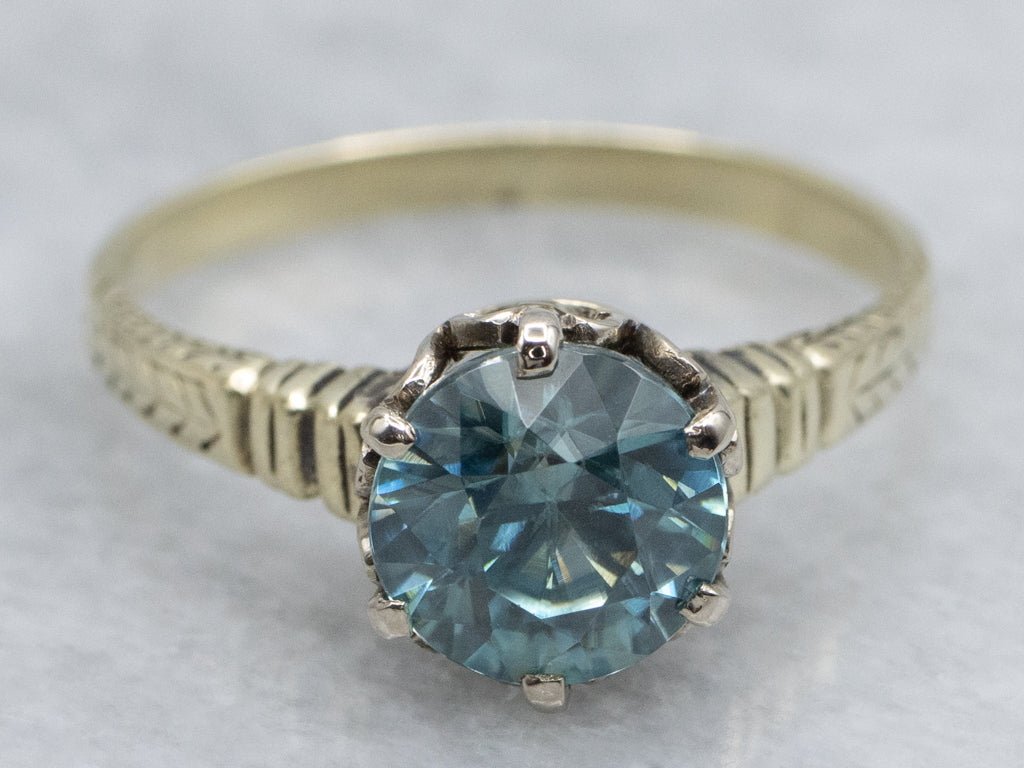 Hand-Engraved Antique Blue Zircon Solitaire Ring