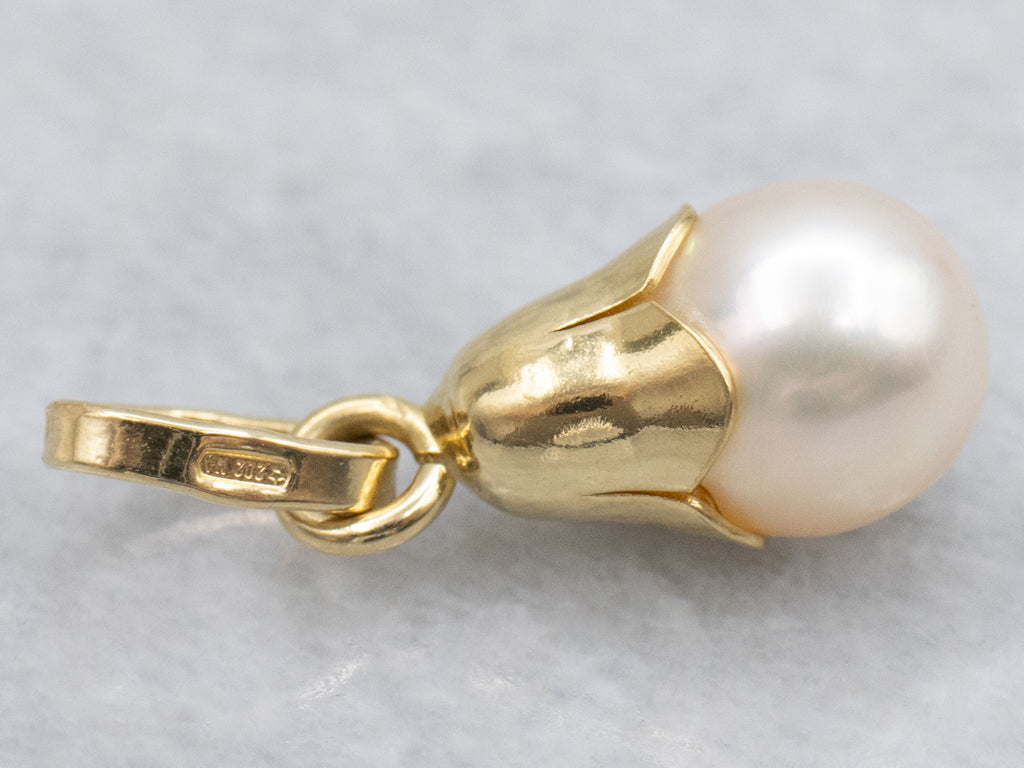 Yellow Gold Botanical Pearl Drop Pendant