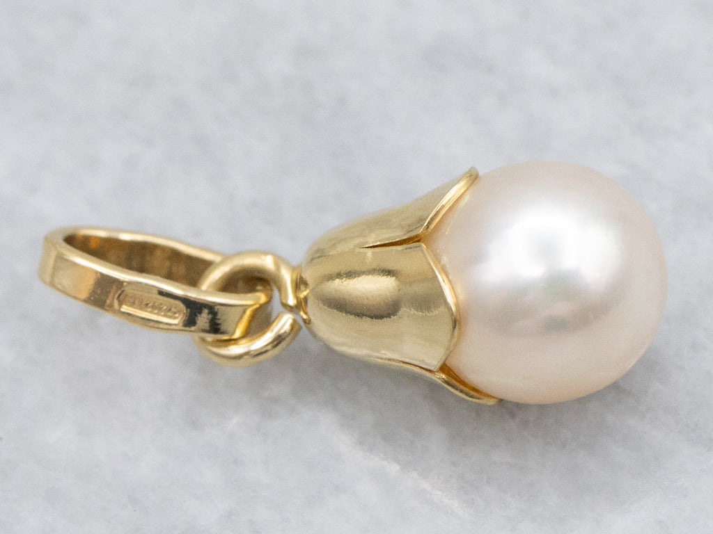 Yellow Gold Botanical Pearl Drop Pendant