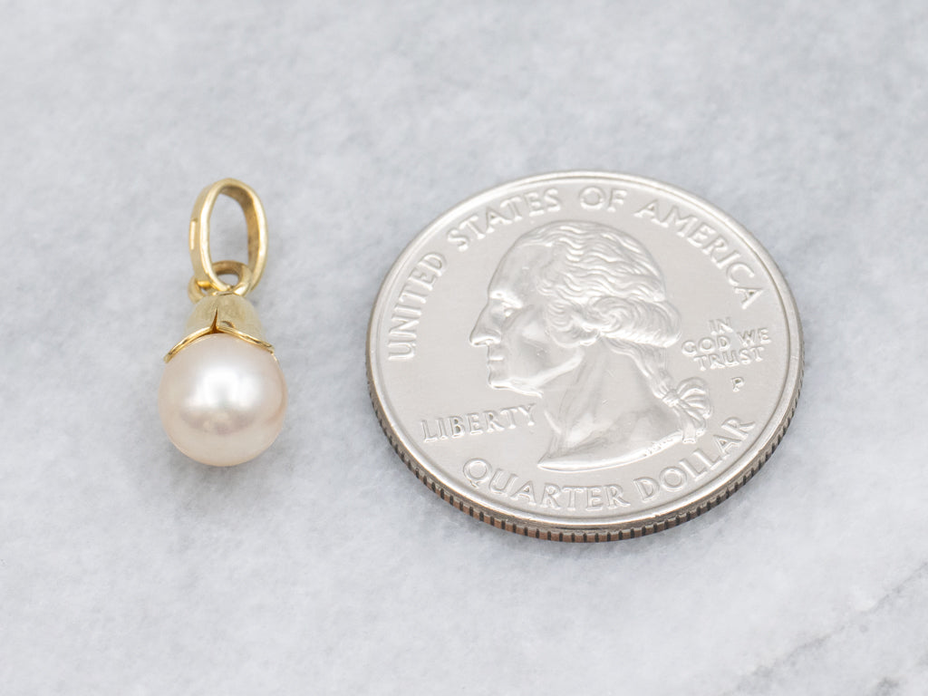 Yellow Gold Botanical Pearl Drop Pendant