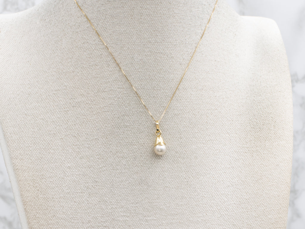 Yellow Gold Botanical Pearl Drop Pendant