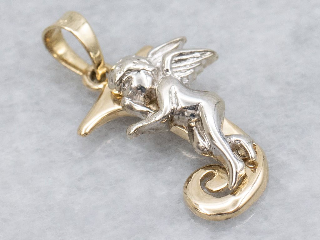 Two-Tone Gold Cherub Initial "J" Pendant