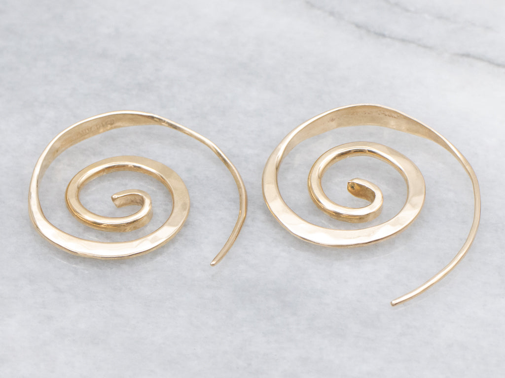 Yellow Gold Hammered-Wire Swirl Drop Earrings
