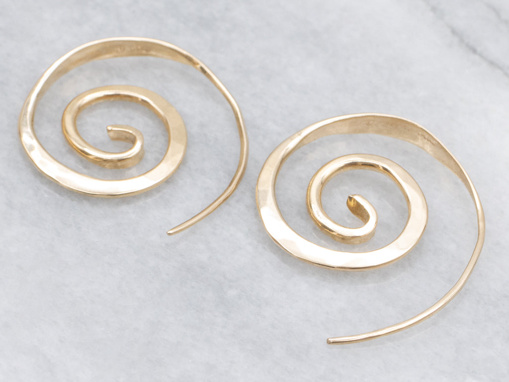 Yellow Gold Hammered-Wire Swirl Drop Earrings
