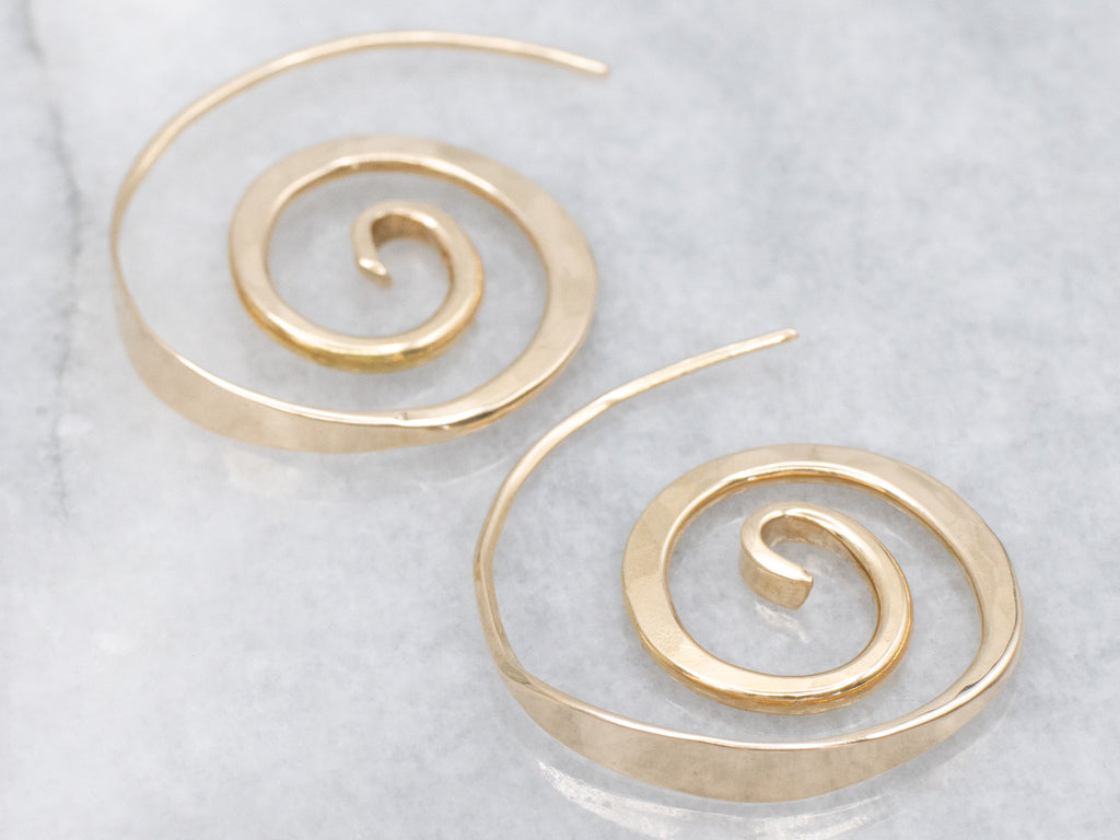 Yellow Gold Hammered-Wire Swirl Drop Earrings