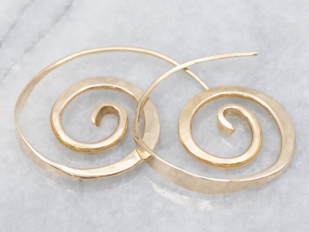 Yellow Gold Hammered-Wire Swirl Drop Earrings